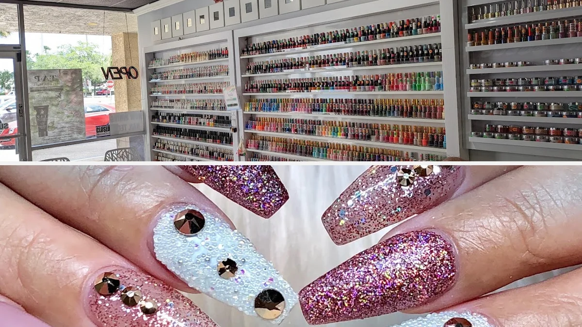 Polished nails and detailed nail art.